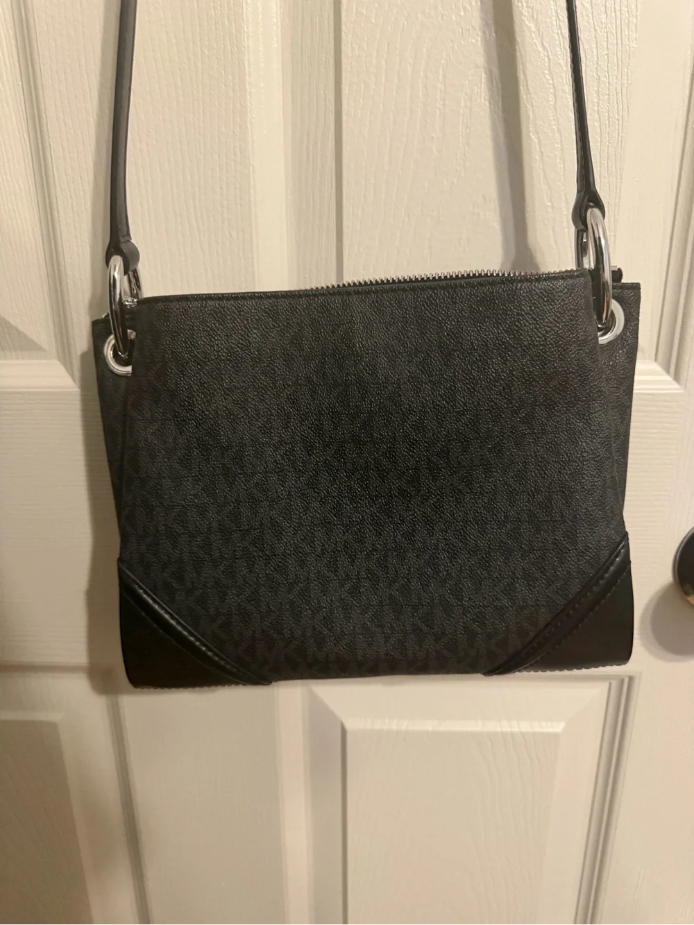 Michael Kors Black Signature MK Crossbody Purse with Silver Hardware